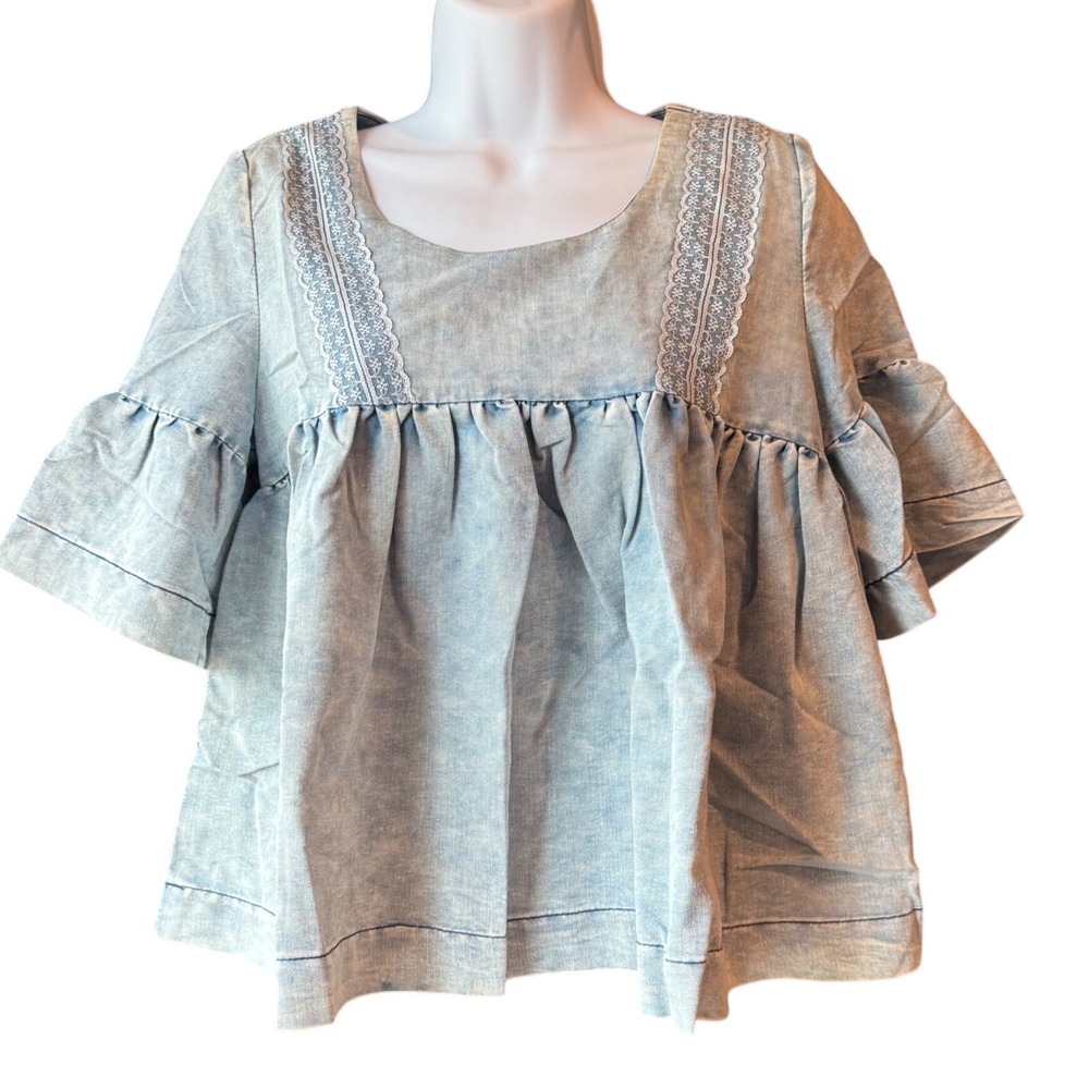 POL Acid Wash Denim Babydoll Top Blouse Blue Women's Size Small